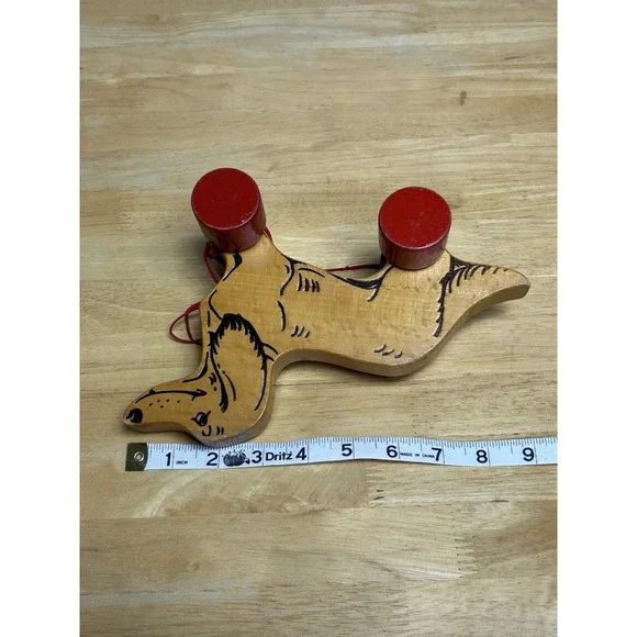 Vintage Steiff Wooden Dog Dachshund on Red Wheels with ID And Pull String